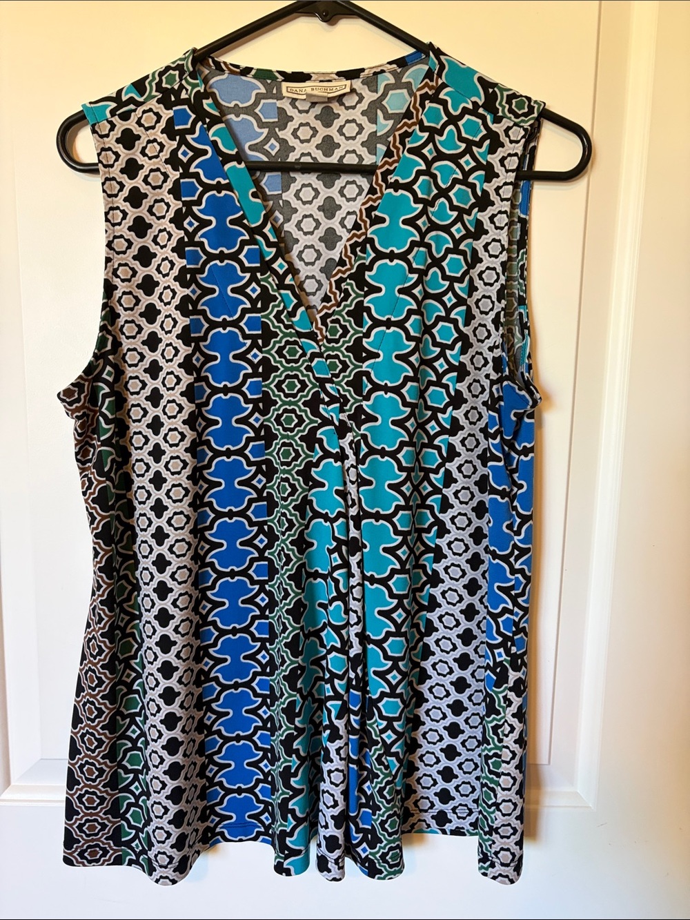 Dana Buchman Sleeveless Geometric V-Neck Top - Blue, Teal, Black